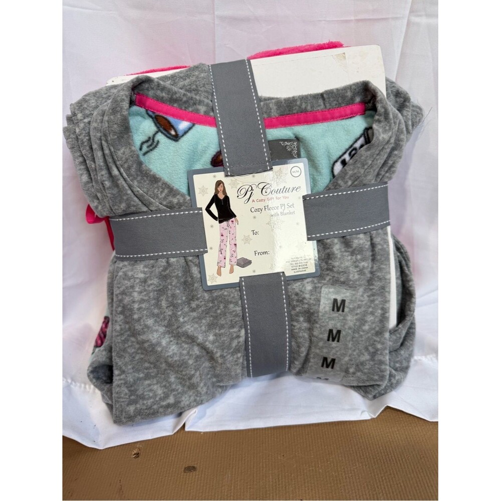Pj Couture Gray Fleece PJ Set with Pink Trim and Aqua Lining